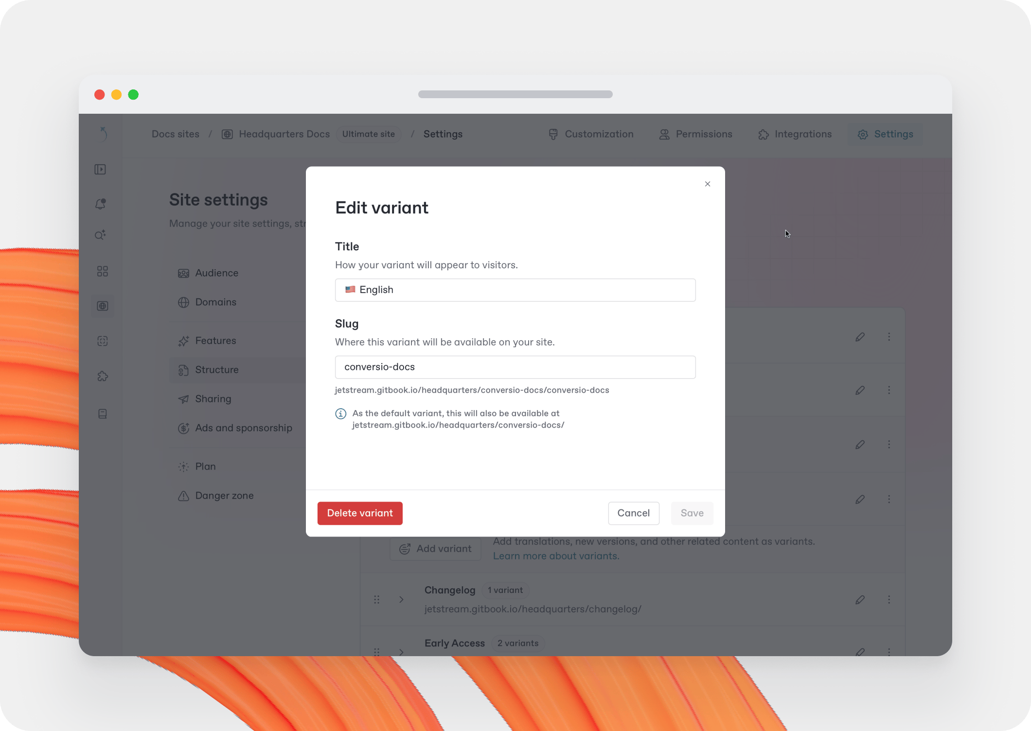 A GitBook screenshot showing how to edit a variant