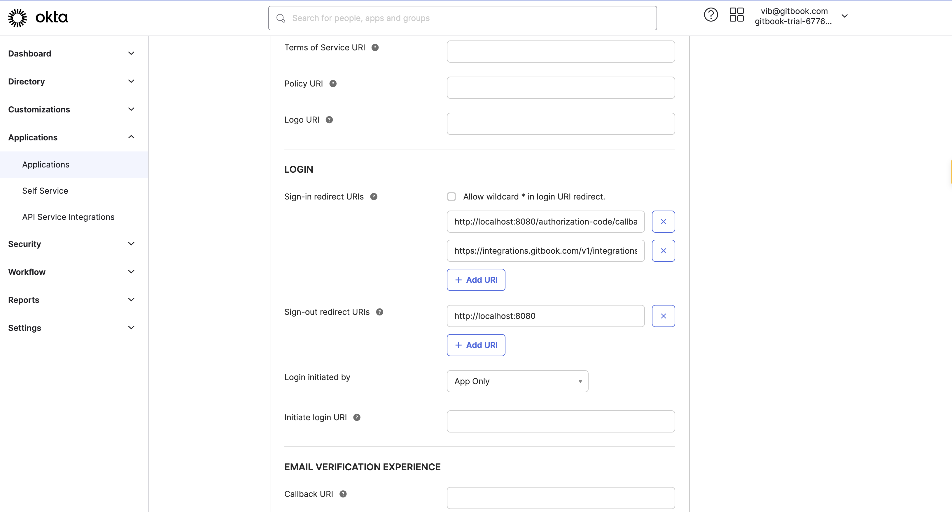 An Okta screenshot showing the sign-in redirect URI configuration