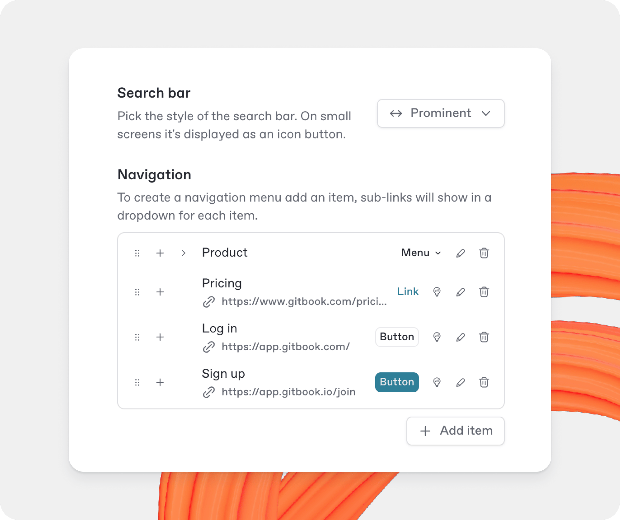 A GitBook screenshot showing header customization settings