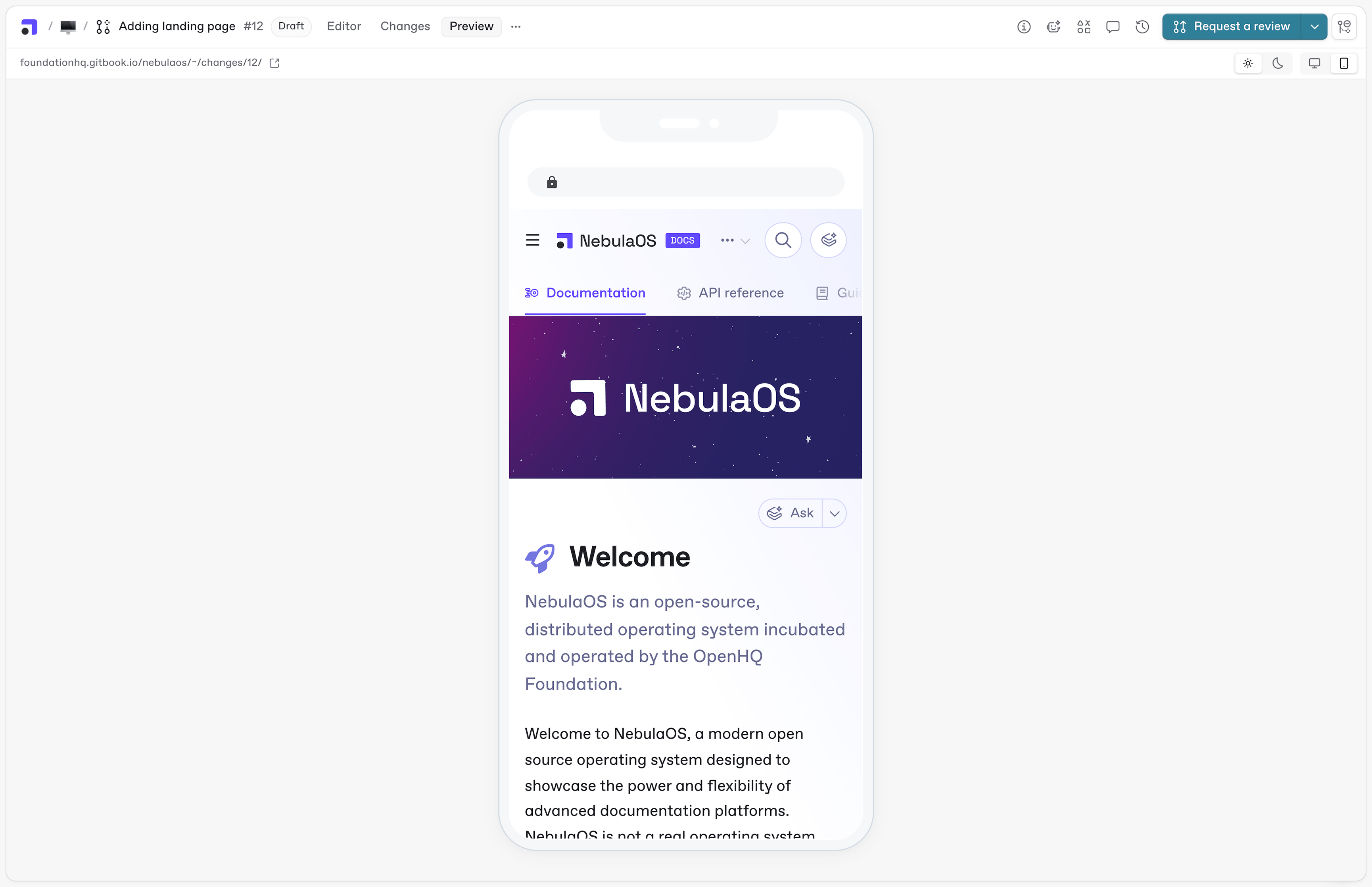 A screenshot of the GitBook app with the Preview tab open, showing a docs site being previewed on a mobile-size display