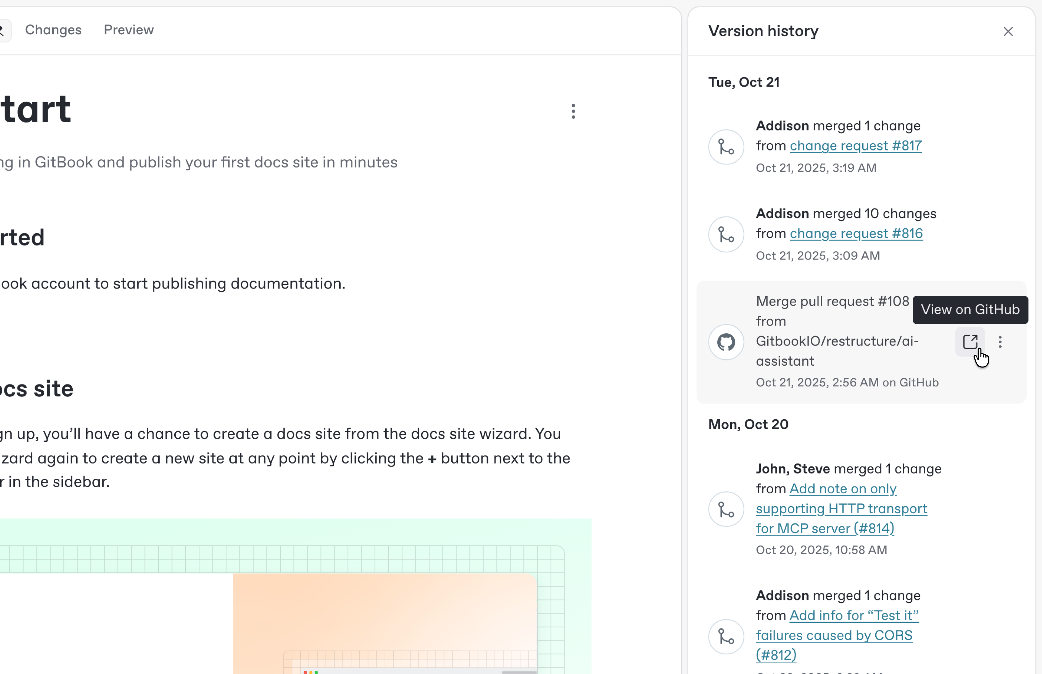 A screenshot of the GitBook app showing the version history side panel open. In the side panel the highlighted entry shows a pull request from GitHub that was merged as part of the history, with a link to view the pull request on GitHub.