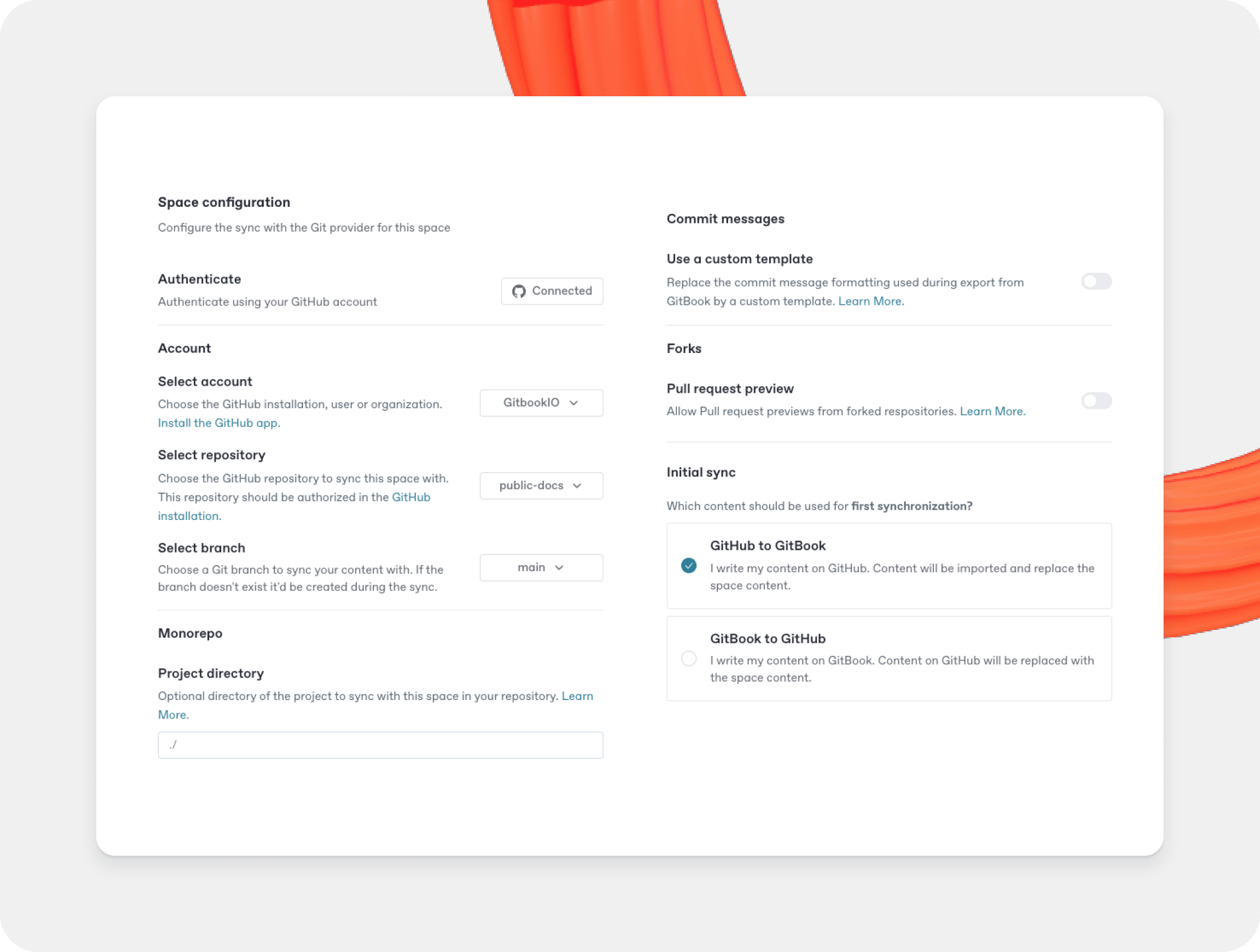 A GitBook screenshot showing GitHub Sync configuration options