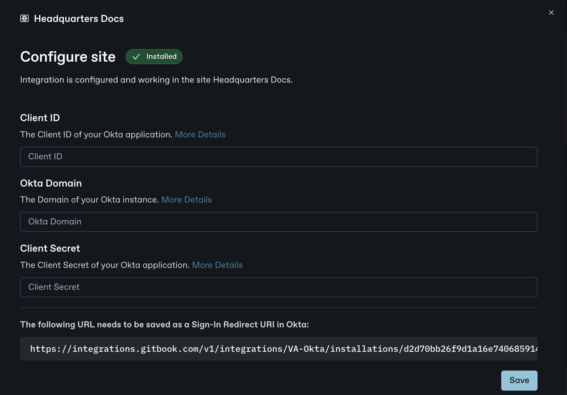 A GitBook screenshot showing the Okta credentials modal