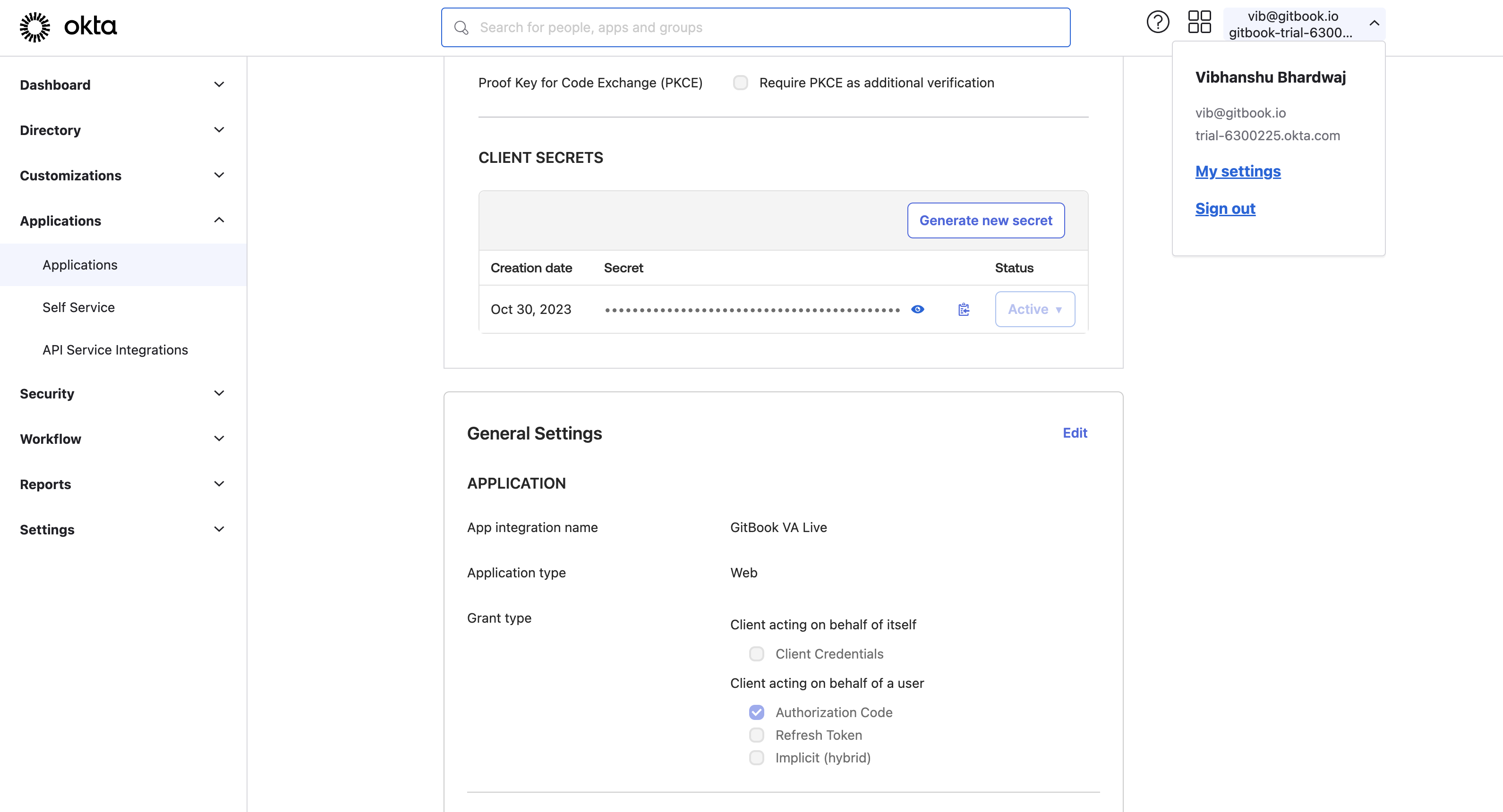 An Okta screenshot showing where to copy client credentials