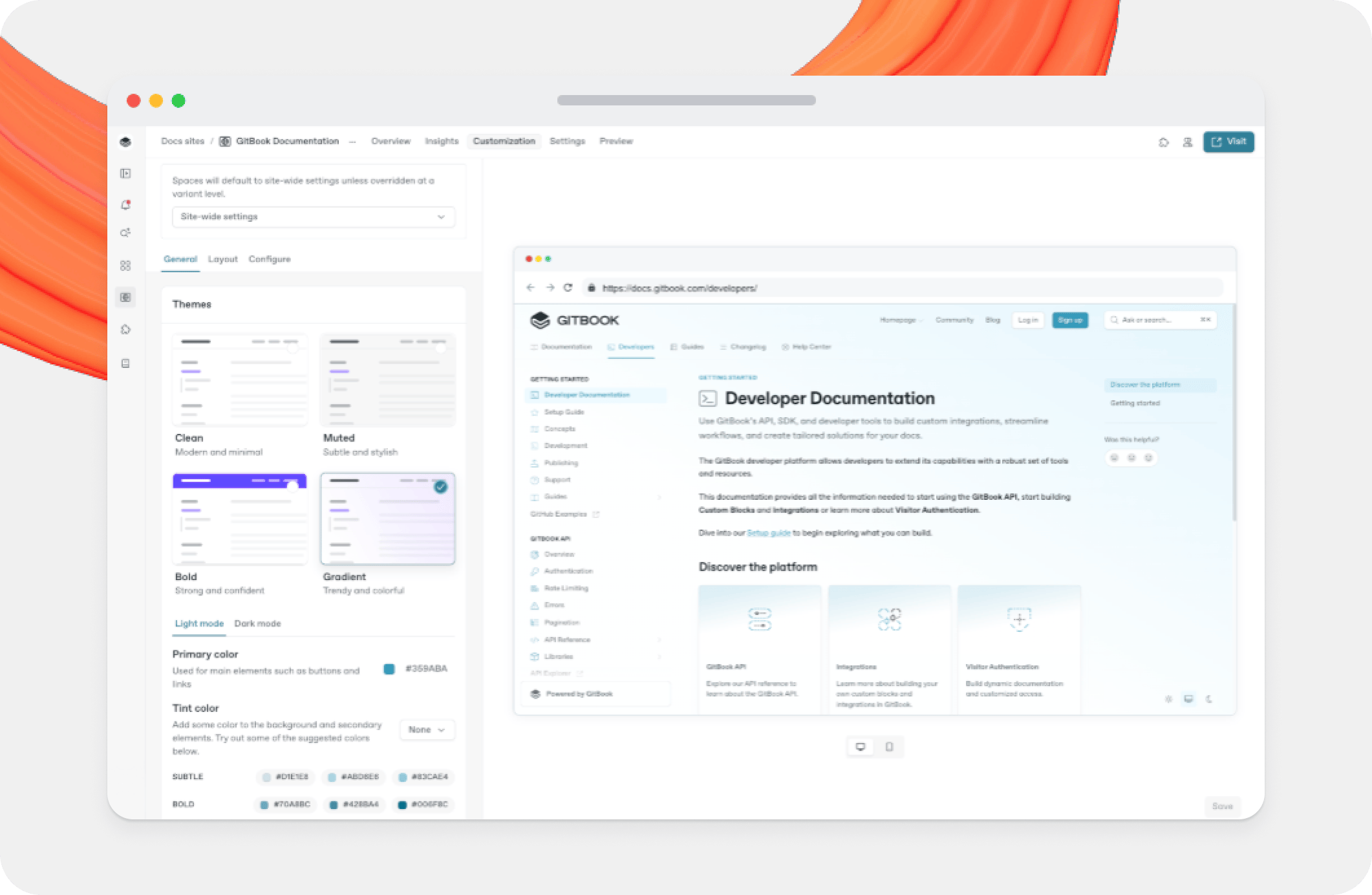 A GitBook screenshot showing the customization panel