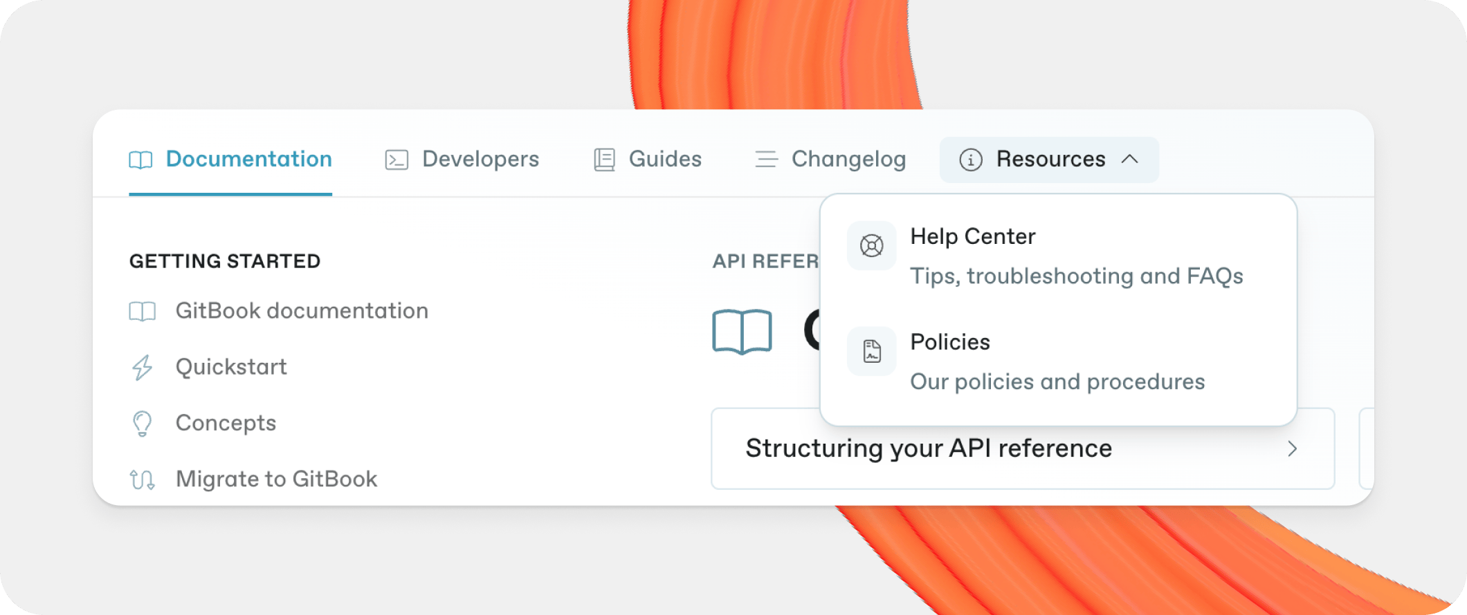 A GitBook screenshot showing site sections on a docs site