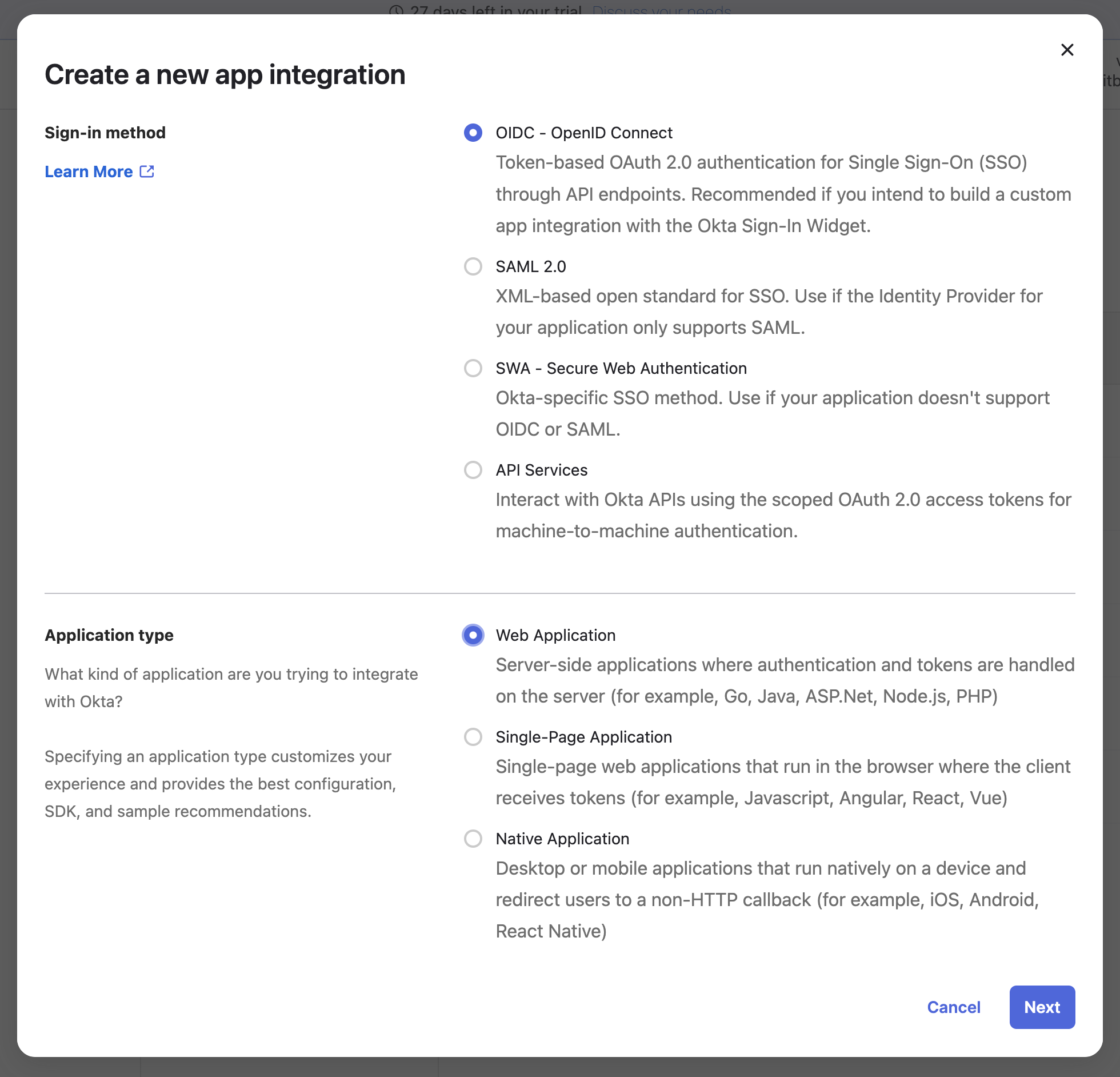 An Okta screenshot showing the integration setup