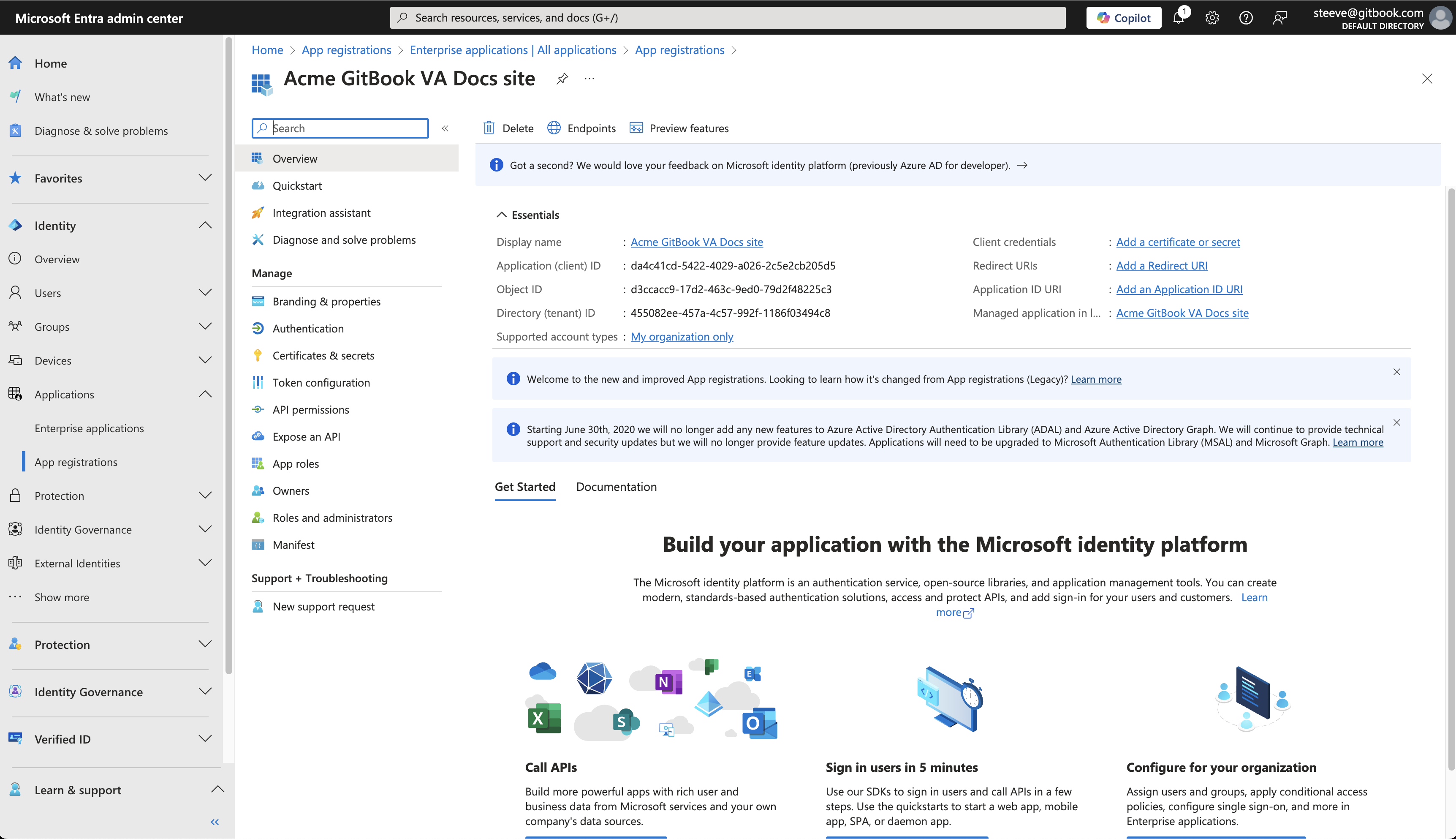 An Azure screenshot showing the app registration overview