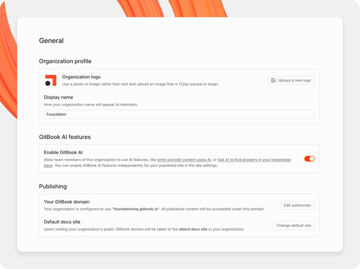 A GitBook screenshot showing the organization settings page