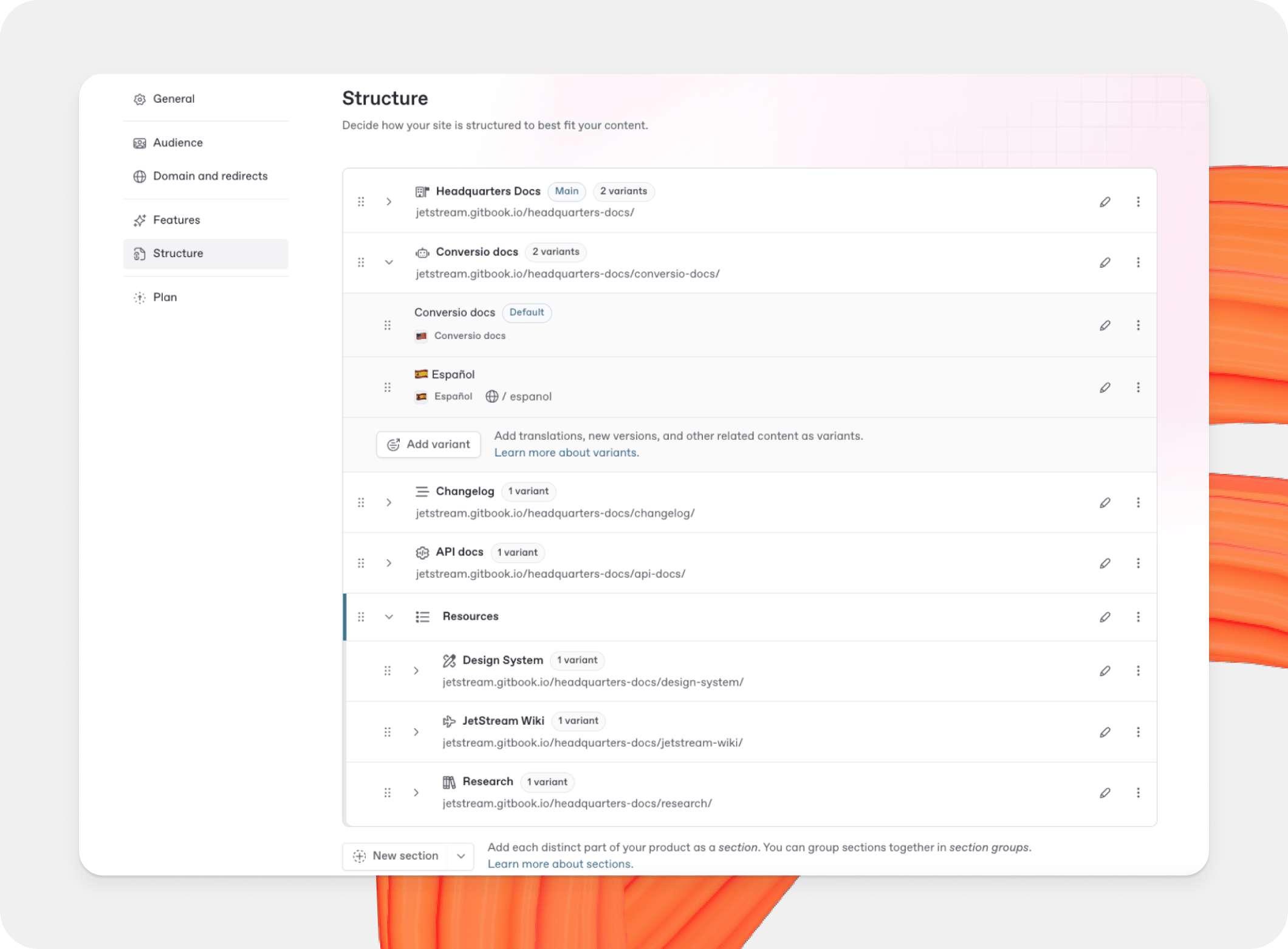 A screenshot of the Roboflow Documentation site, with a navigation bar along the top and an open drop-down menu at the top of the table of contents showing different language variants for the site.