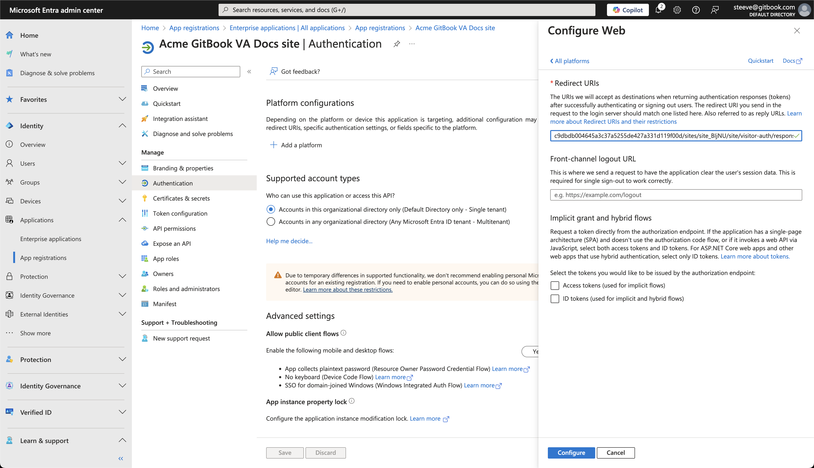 An Azure screenshot showing where to enter the redirect URI