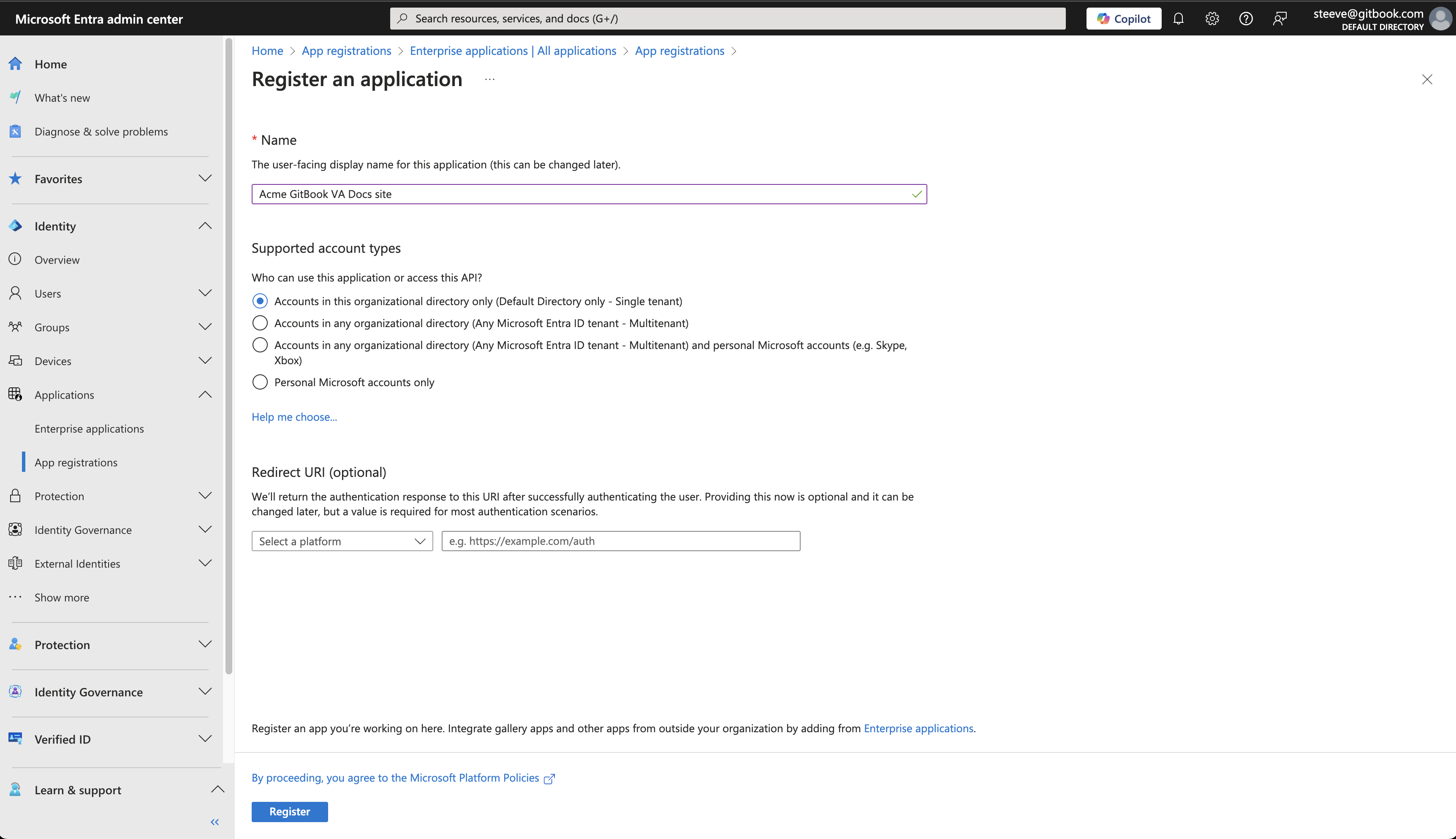 An Azure screenshot showing how to register an Azure AD app