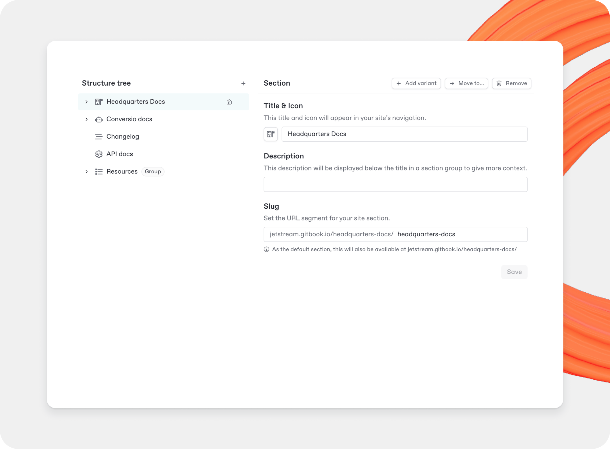 A GitBook screenshot showing site section structure