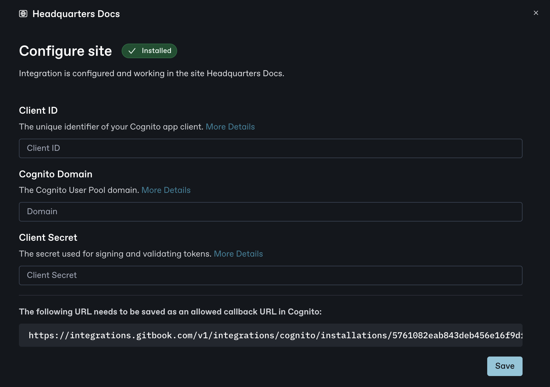A GitBook screenshot showing the AWS Cognito configuration screen